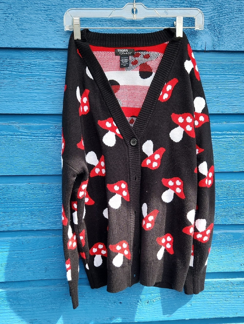 Thorn Black Cardigan with Red and White Mushroom Motif